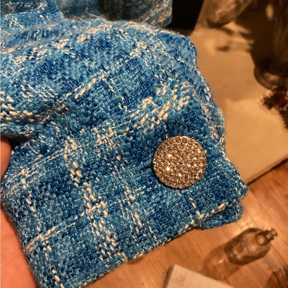 ZARA BLUE TWEED CROPPED LONG SLEEVE RHINESTONE BUTTON OVERSIZED JACKET SZ. L - Picture 10 of 15